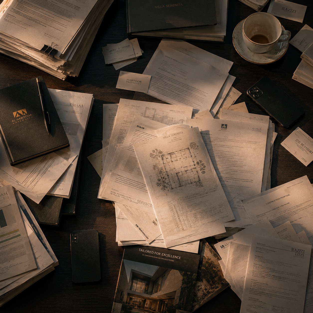 A meeting table covered in proposals.